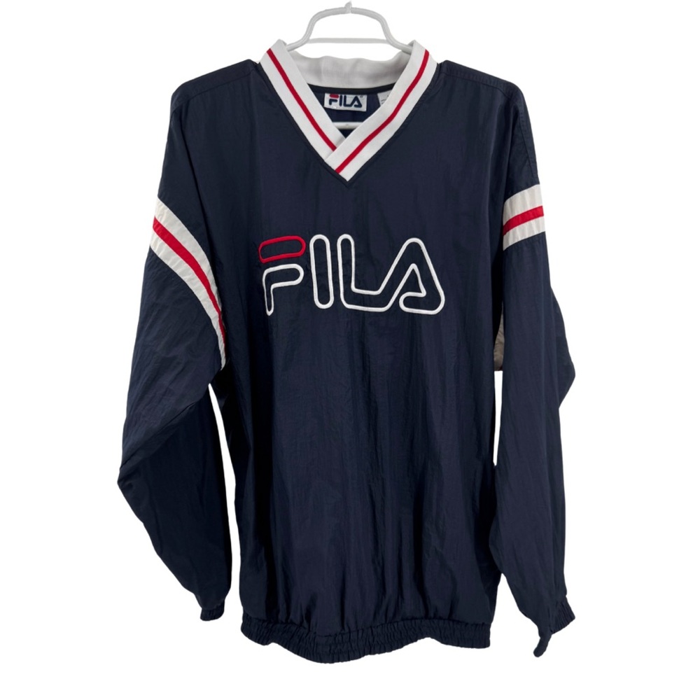 Vintage 90s FILA Pullover Windbreaker Jacket top M Navy Red White Rare nylon